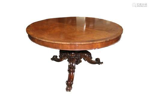 A circular mahogany and satin wood strung diningtable,raised...