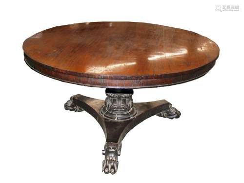 A Victorian rosewood circularsnap top suppertable,raised on ...