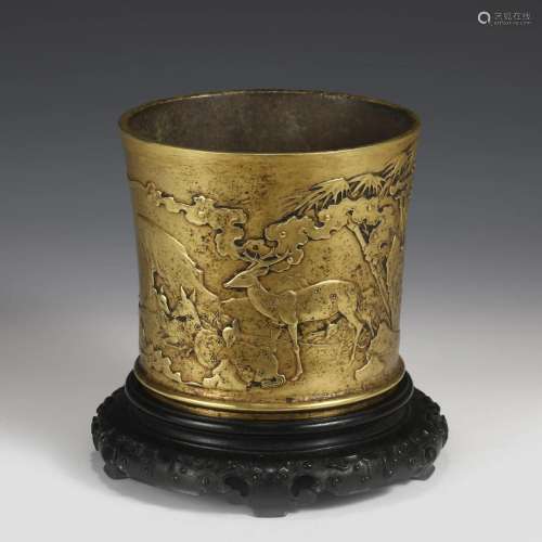 GILT BRONZE BRUSH POT ON STAND