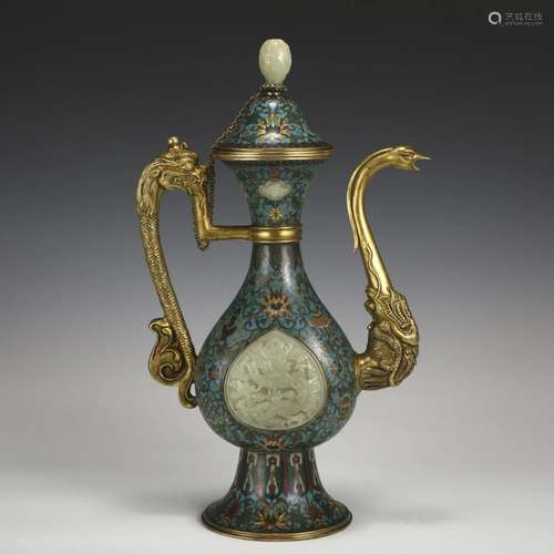 QING GILT BRONZE CLOISONNE JADE INLAID WINE POT