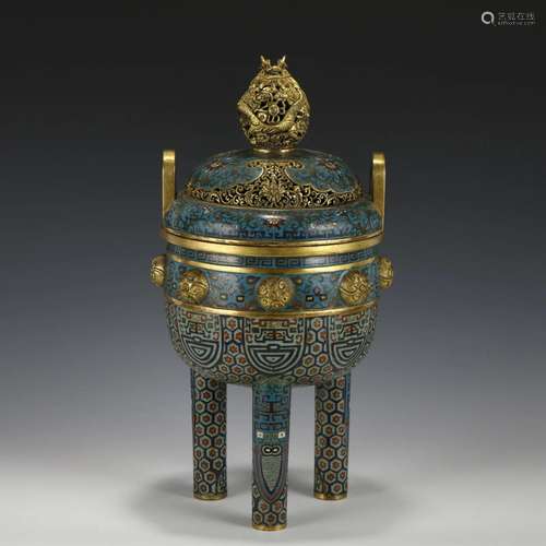 LARGE QIANLONG GILT BRONZE CLOISONNE TRIPOD CENSER