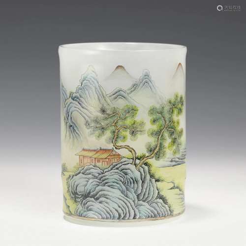 QING QIANLONG LANDSCAPE PEKING GLASS BRUSH POT