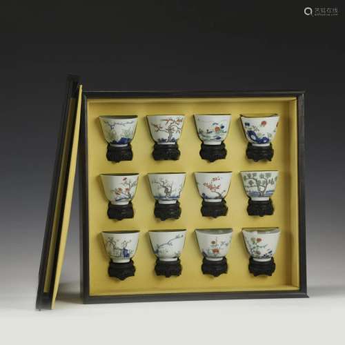 QING TWELVE FLOWER WINE CUPS ON STAND WITH BOX