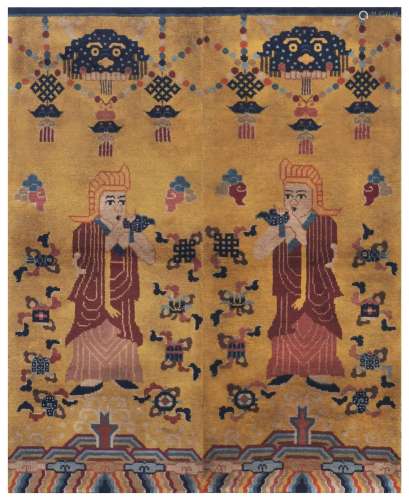 PAIR OF BUDDHIST LAMA MOTIF WOVEN RUGS