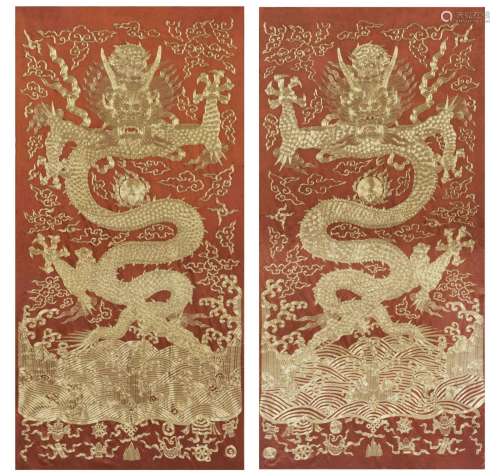 PAIR GOLD THREAD EMBROIDERED FRONT FACING DRAGON RED