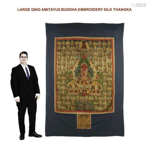 LARGE QING AMITAYUS BUDDHA EMBROIDERY SILK THANGKA