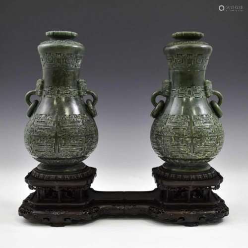 PAIR CHINESE GREEN JADE VASES ON STAND