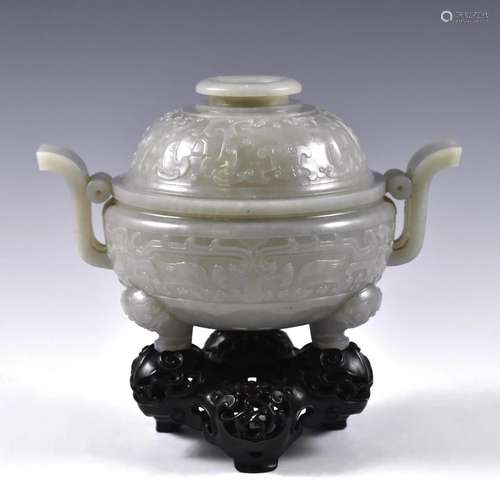 ARCHED HANDLES JADE LIDDED CENSER ON STAND