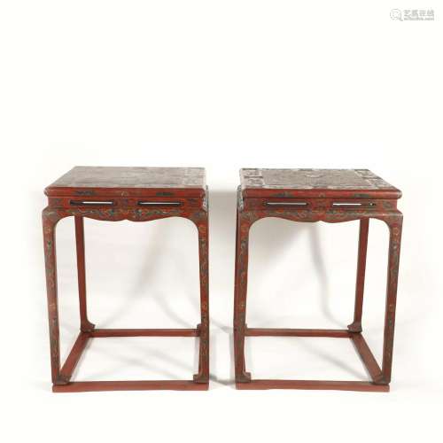 PAIR RED LACQUERED SQUARE TOP PLANT STANDS