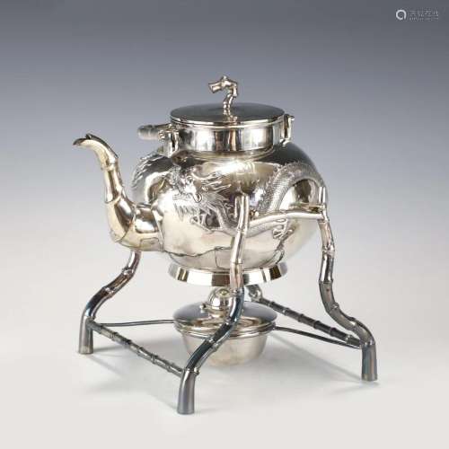 CHINESE EXPORT SILVER TEA POT WITH HEATING STAND