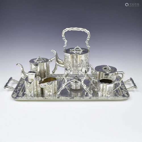 SET OF 7 PCS 19/20TH C CHINESE EXPORT SILVER TEA SET