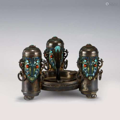 SILVER GILT INLAID GEMSTONE INCENSE BURNER