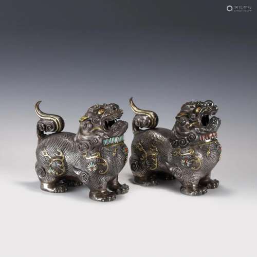 PAIR CHINESE SILVER & STONES INLAID LION EFIGY