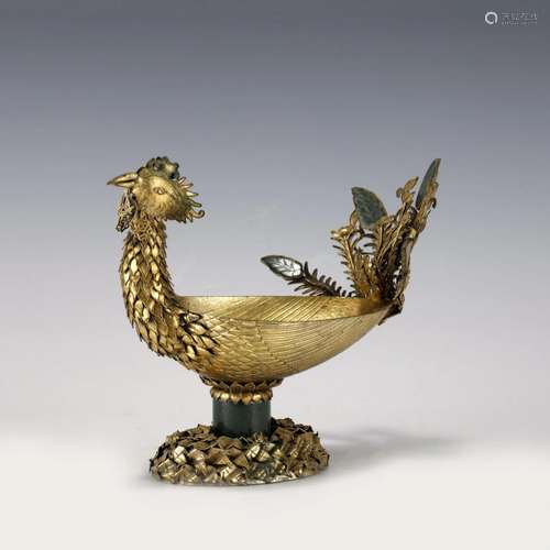 CHINESE SILVER GILT JASPER INLAID PHOENIX STATUE