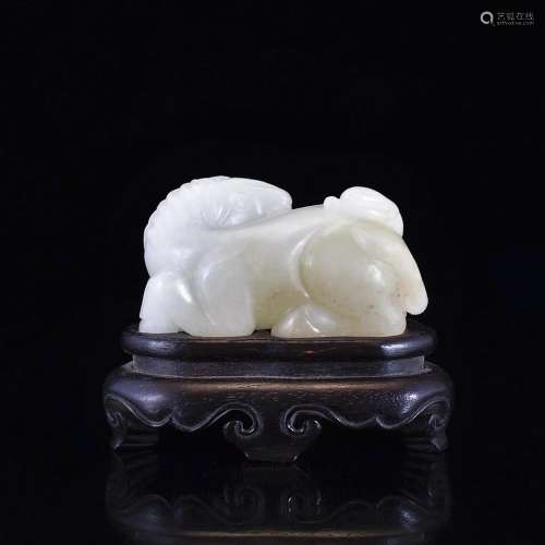 CARVED WHITE JADE OF HORSE AND MONKEY