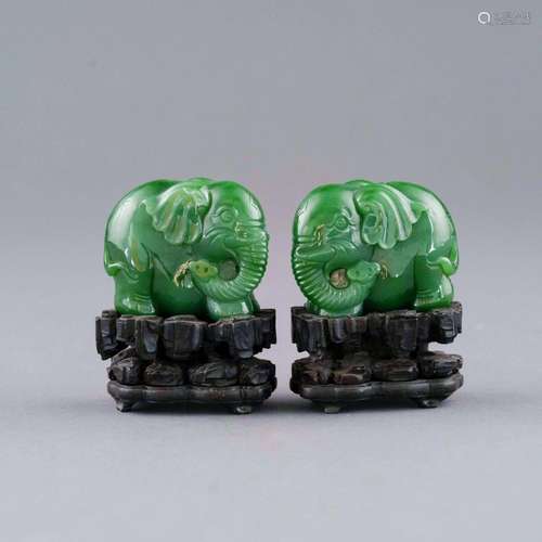 PAIR GREEN JADE ELEPHANT EFIGIES ON STANDS