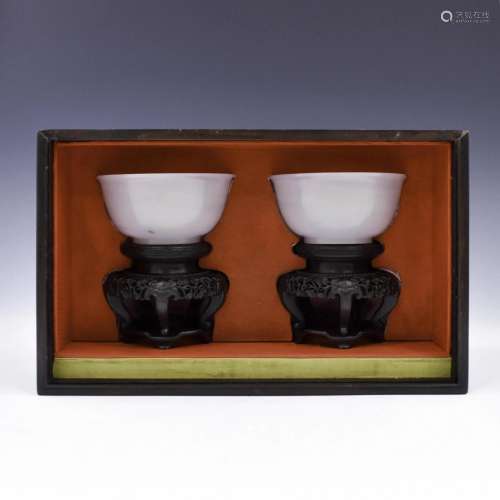 PAIR CARVED WHITE JADE BOWLS ON STAND IN BOX