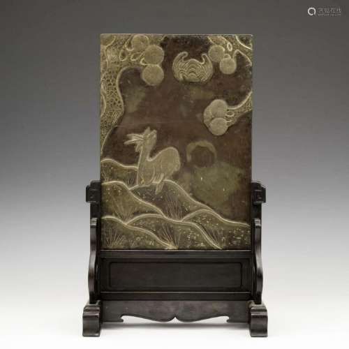 CHINESE STONE CARVING TABLE SCREEN OF DEER AND BAT
