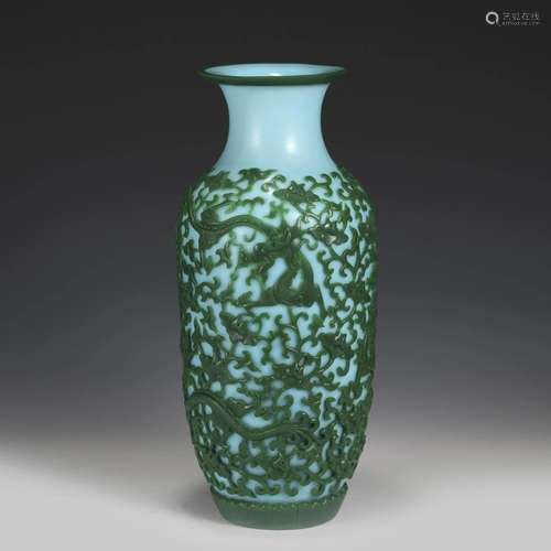 QIANLONG DRAGON GREEN GLASS BOTTLE VASE