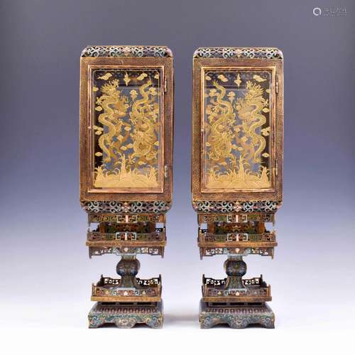 PAIR QIANLONG ZITAN & CLOISONNE LAMPS