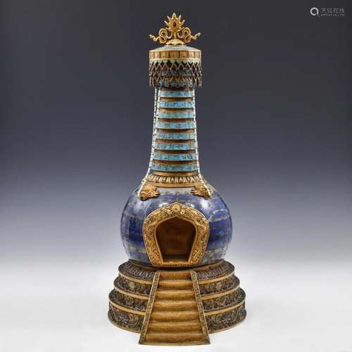 GILT BRONZE CLOISONNE LAPIS LAZULI & PEARL STUPA