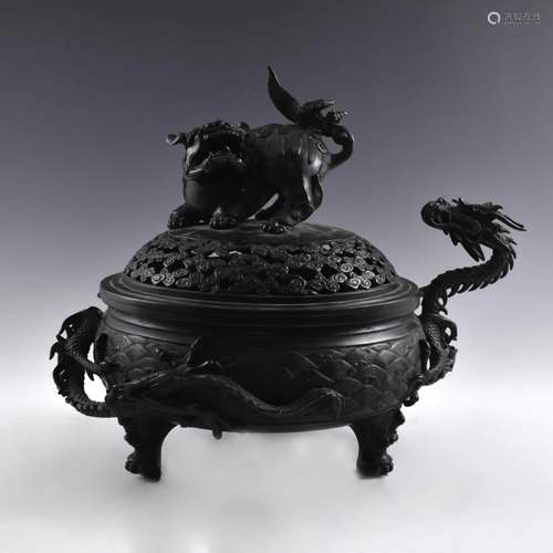 DRAGON & LION LIDDED BRONZE CENSER