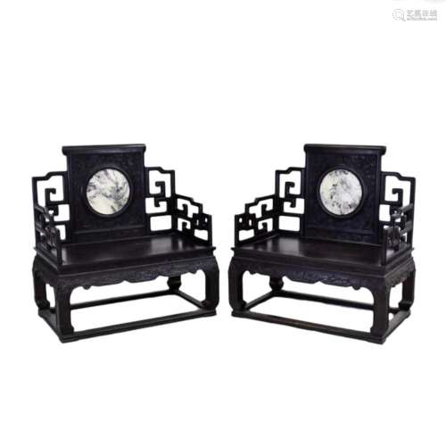 PAIR OF ZITAN THRONE CHAIRS WITH ROUND MARBLE PLAQUE