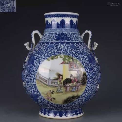 Blue and White Famille Rose Ststue with Story in Qing Qianlo...