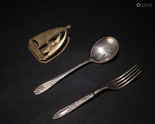 Silver Fork, Silver Spoon, Copper Sailboat Clip in a Group o...