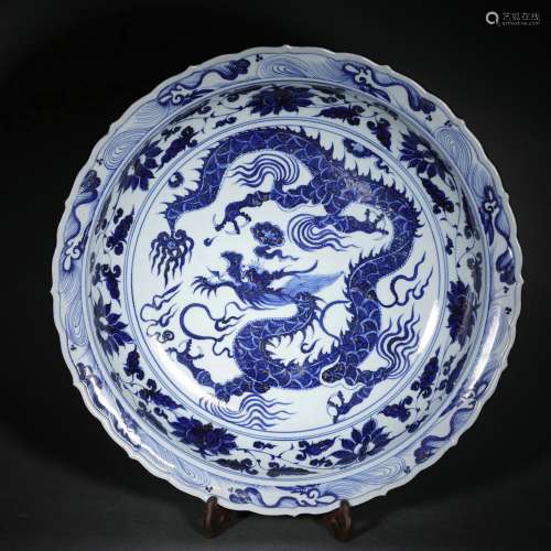 Blue and White Plate with the Pattern of Dragon