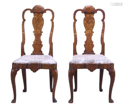 A PAIR OF DUTCH WALNUT AND MARQUETRY SIDE CHAIRS CIRCA 1800
