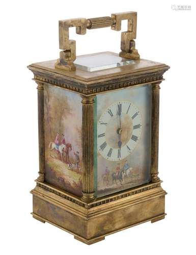 A FRENCH BRASS AND PORCELAIN CARRIAGE CLOCK RETAILED BY KILP...