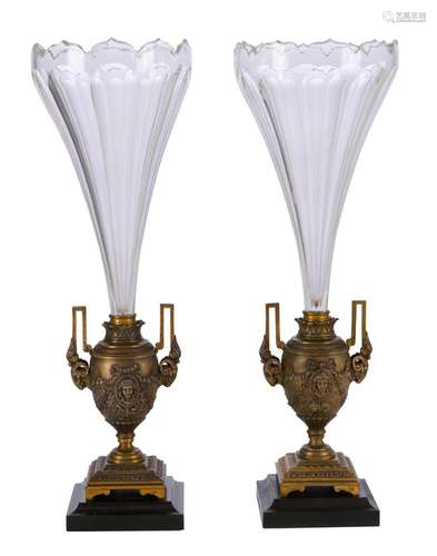 A PAIR OF FRENCH NEO-CLASSICAL BRONZE AND CRYSTAL EPERGNES C...