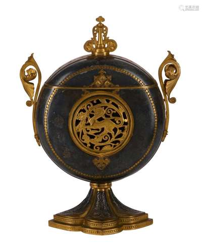 A FRENCH PATINATED AND GILT BRONZE POT AND COVER LATE 19TH C...