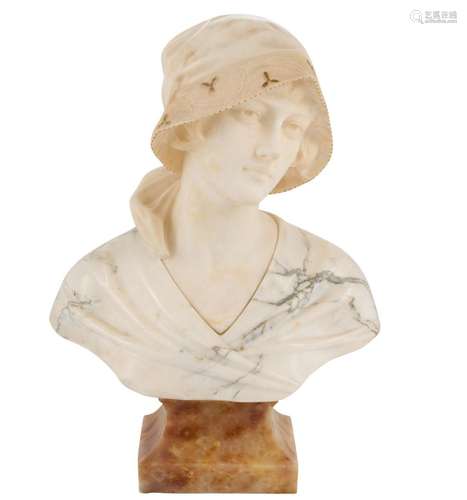 AN ITALIAN ALABASTER AND CARRARA MARBLE BUST OF YOUNG GIRL B...