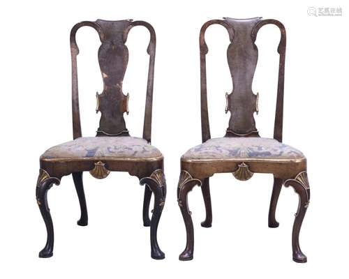 A PAIR OF QUEEN ANNE PARCEL-GILT WALNUT SIDE CHAIRS EARLY 18...