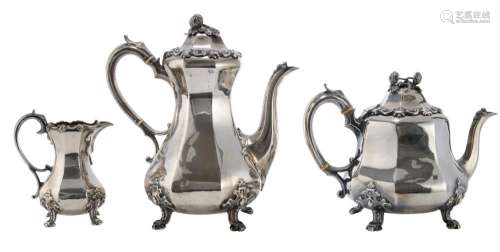 A VICTORIAN THREE PIECE STERLING SILVER TEA AND COFFEE SERVI...
