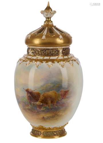 A ROYAL WORCESTER 'HIGHLAND CATTLE' POT POURRI PAINT...