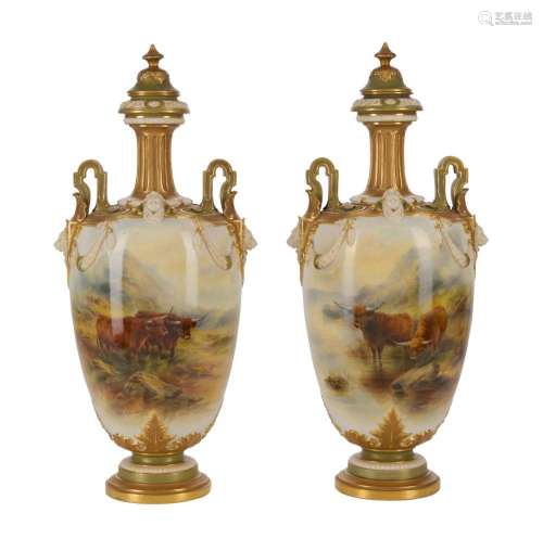 A PAIR OF ROYAL WORCESTER 'HIGHLAND CATTLE' VASES AN...