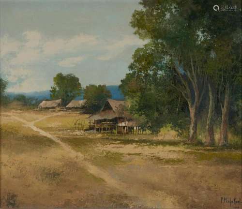 M L POUM MALAKOUL (Thai-French, 1910-1973) Village scene 196...