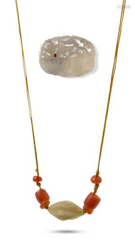 A CHINESE JADE PLAQUE AND JADE AND CARNELIAN BEAD NECKLACE Q...