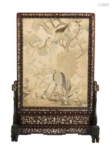 A CHINESE SILK EMBROIDERED MOTHER-OF-PEARL INLAID HONGMU SCR...