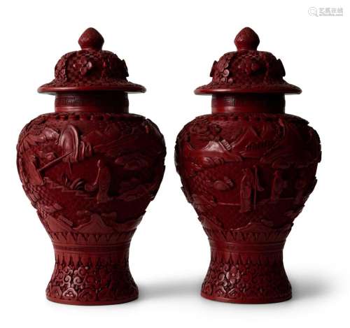 A PAIR OF CHINESE CINNABAR LACQUER COVERED VASES QING DYNAST...