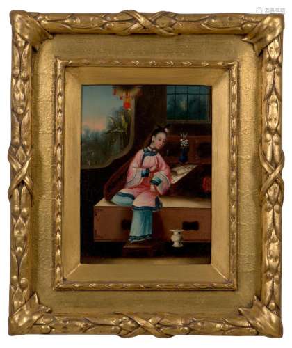 A CHINESE EXPORT OIL PAINTING OF A LADY AT LEISURE QING DYNA...