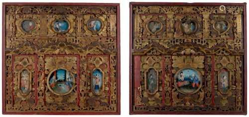 A PAIR OF SOUTHERN CHINESE REVERSE GLASS PAINTING INSET PANE...