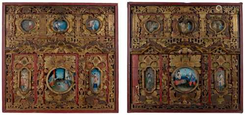 A PAIR OF SOUTHERN CHINESE REVERSE GLASS PAINTING INSET PANE...