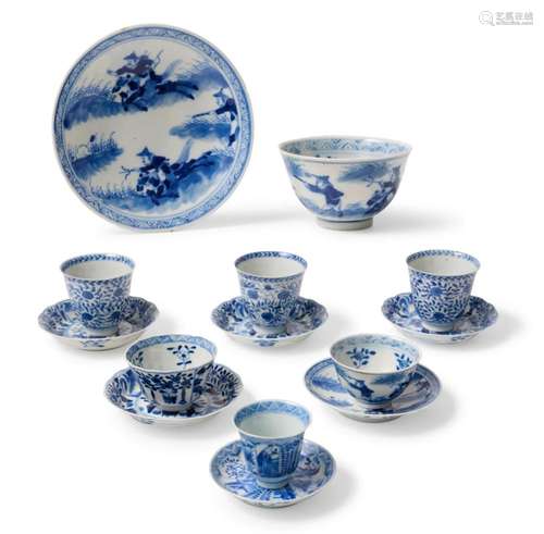 A GROUP OF CHINESE BLUE AND WHITE TEA BOWLS AND SAUCERS KANG...