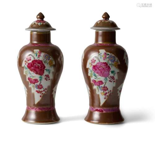 A PAIR OF CHINESE CAFE AU LAIT GROUND FAMILLE ROSE COVERED V...