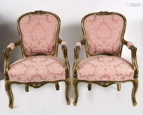 PAIR 19TH-CENTURY LOUIS XV STYLE GILT FAUTEUILS