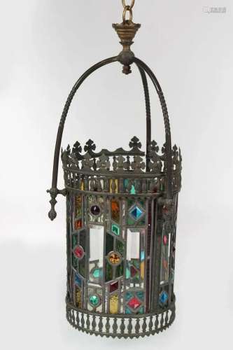 19TH-CENTURY BRASS AND LEADED GLASS HALL LANTERN